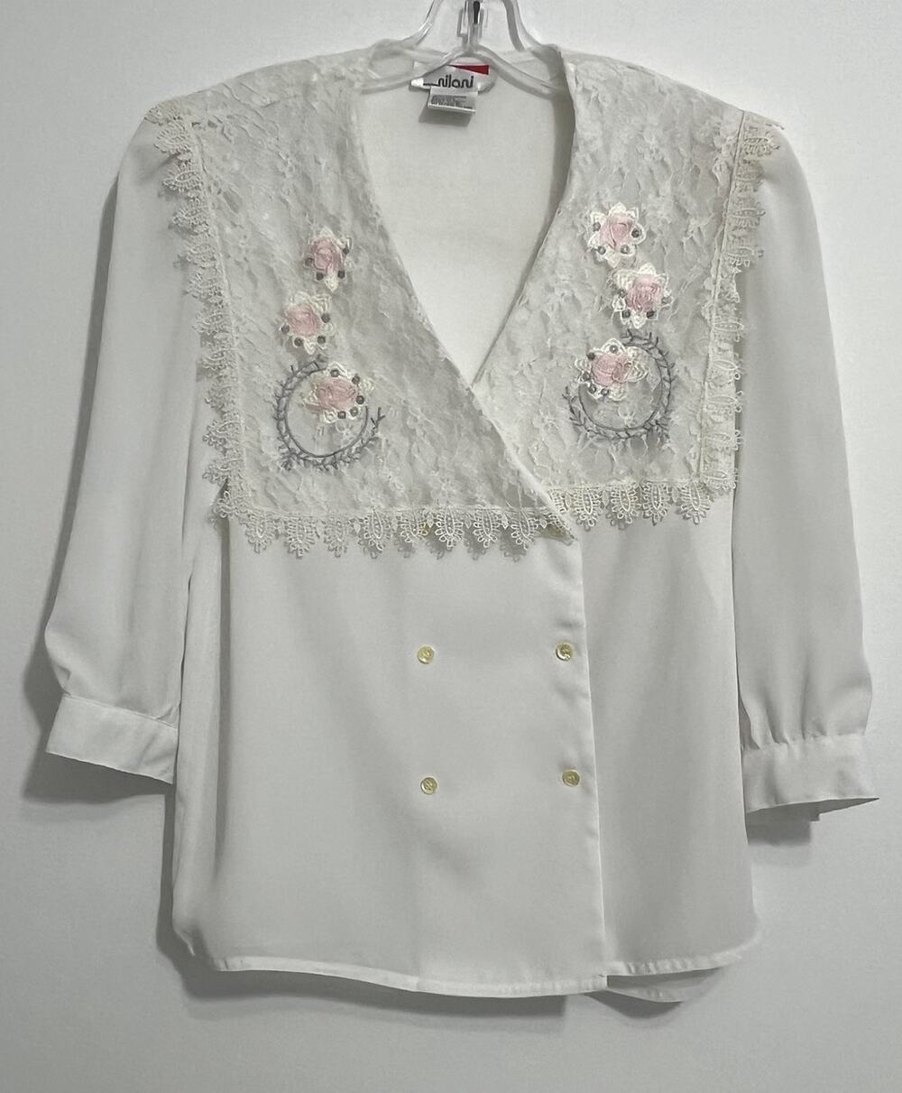 Vintage Nilani Lace Blouse Floral Embroidered White Sheer Overlay Size 7/8 Roses